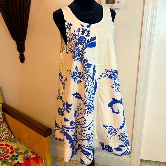 ANTHROPOLOGIE MAEVE White & Blue Sleeveless Swing Dress! NEW! Beautiful! Large - Picture 1 of 15